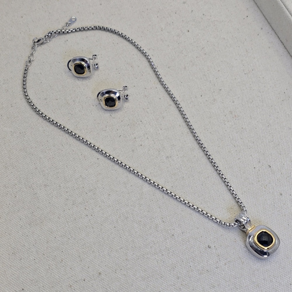 Silver Tone Black Faceted Stone Necklace & Pierced Earrings Set Gold Tone Accent - Picture 5 of 13